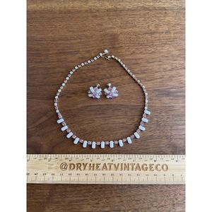 50s 60s Milk Glass And Pink Rhinestone Necklace And Earrings Set